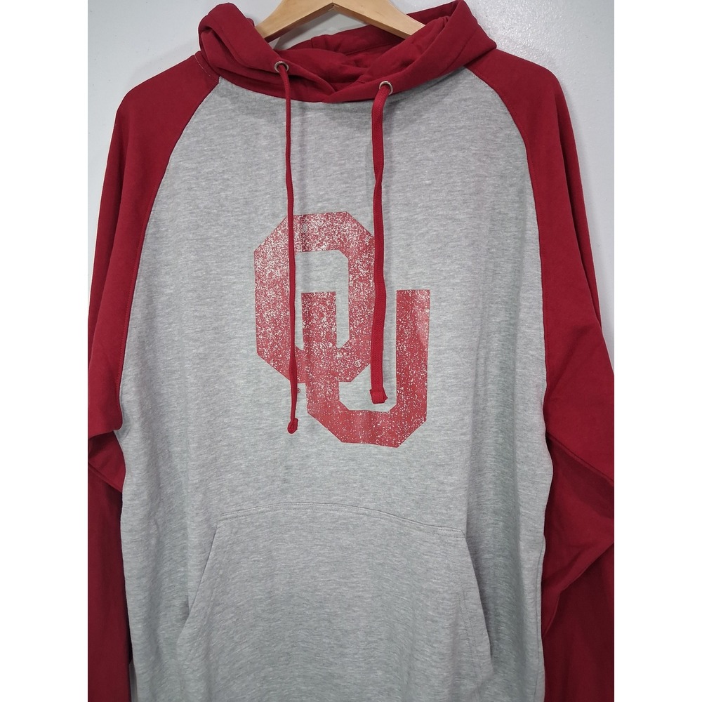 Fanatics Oklahoma Sooners Raglan Hoodie Mens XLT Grey Crimson Distressed OU Logo - Picture 2 of 6